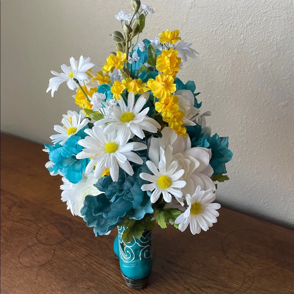 Sweet Silk Arrangement in a Turquoise Boot-Home or Office Decor